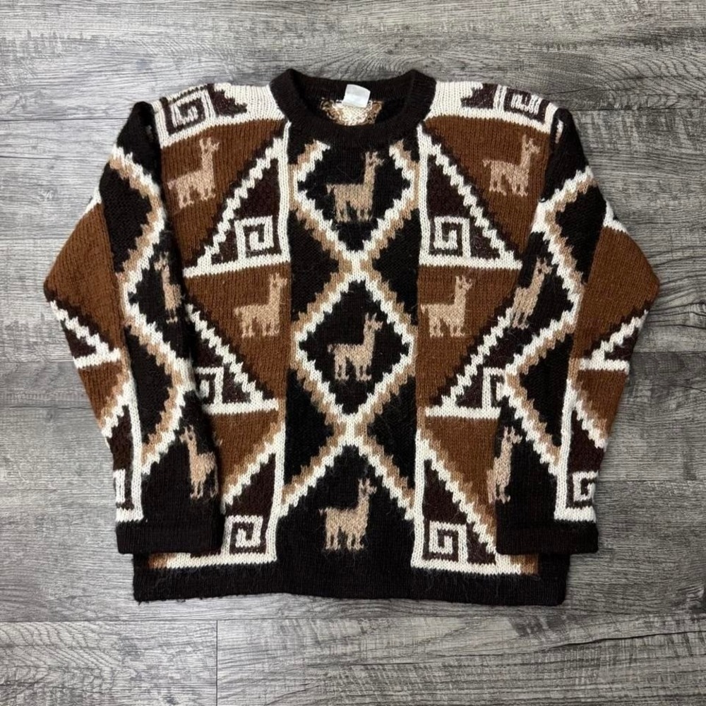 Alpaca Llama Geometric Knit Handmade Sweater Women's M